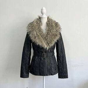 Indie Sleaze Quilted Leather Jacket Faux Fur Collar Grunge Vamp